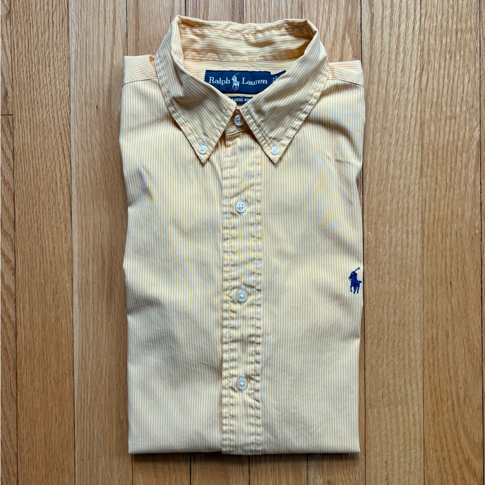 Polo Ralph Lauren Mens Long Sleeve Shirt Classic LG Yellow White Stripe MSRP $99